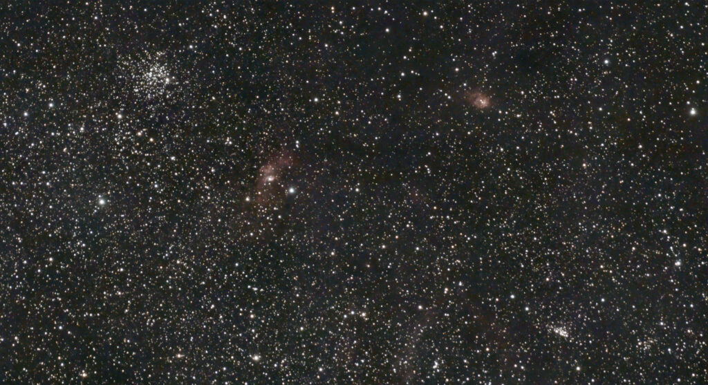 Caldwell 11 (Bubble Nebula), Messier 52 (Cassiopeia Salt-and-Pepper Cluster), NGC 7538 (Northern Lagoon Nebula), and NGC 7510 (Dormouse Cluster)